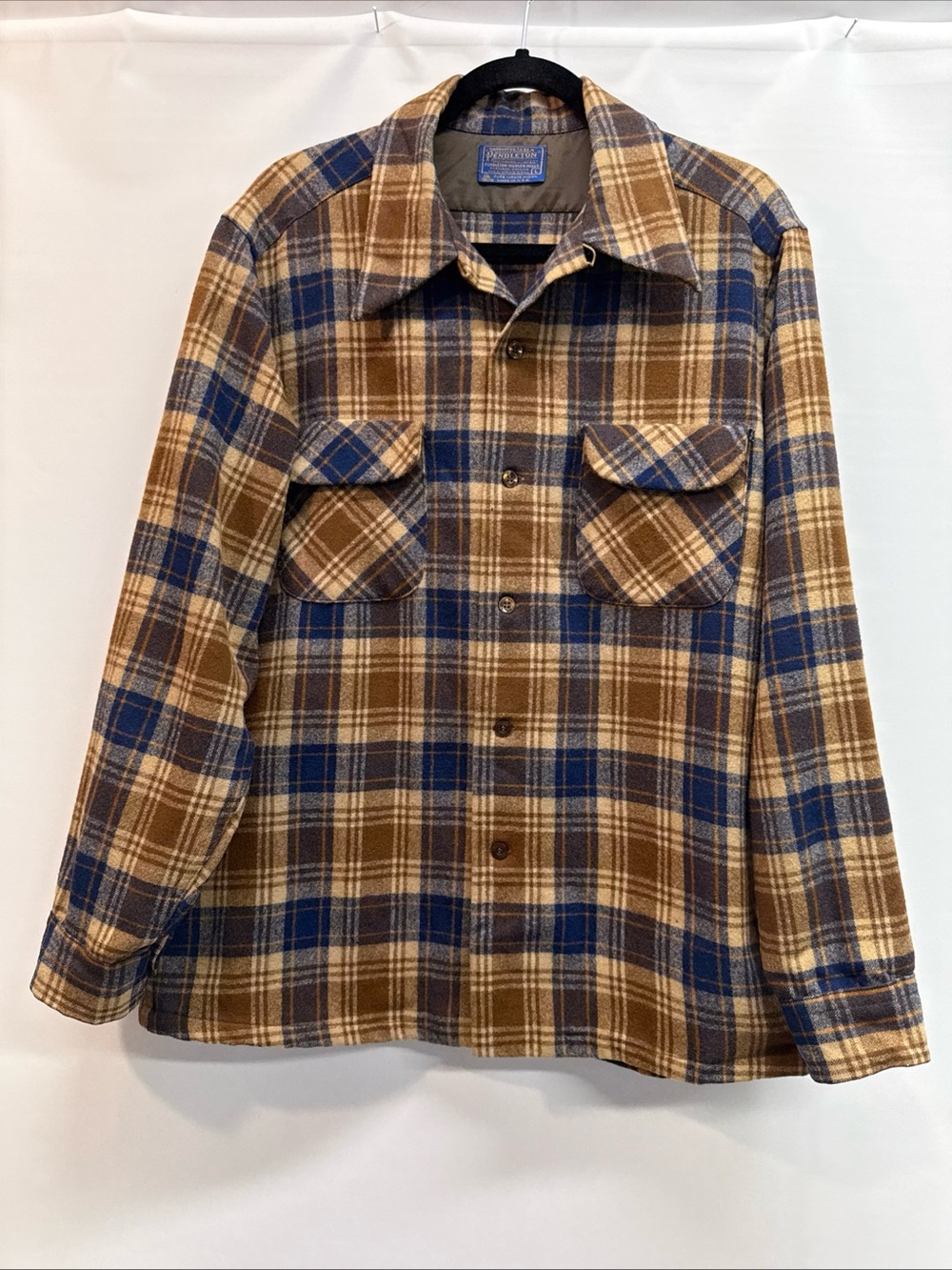 Vintage 60s Pendleton Board Shirt Sz L Shadow Plaid Wool Loop Collar Flap Pocket